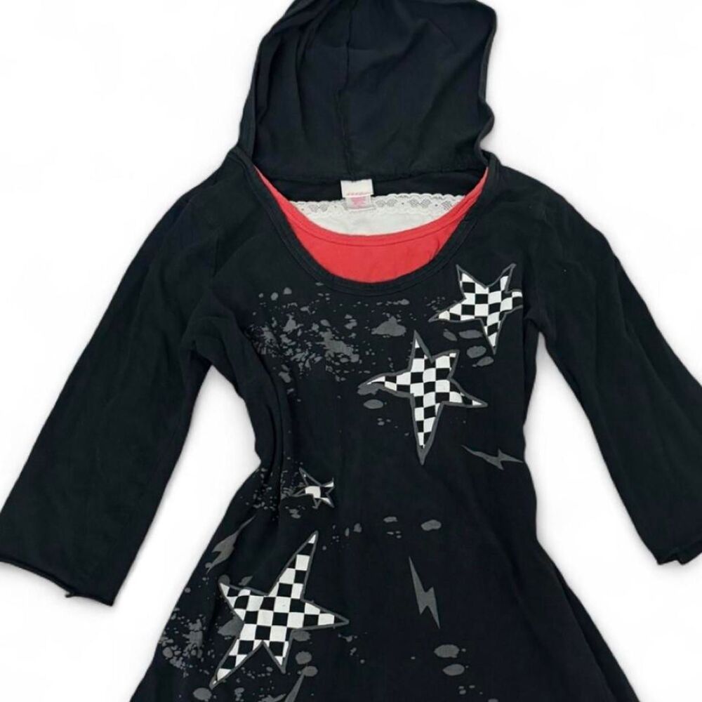 Y2K Xhilaration Black Hooded Checkered Star Graphic 3/4 Sleeve Grungy Scene Top